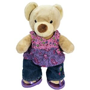 Build A Bear plush jean Pants pink Floral top Girl bear W/purple Sandals-PB2